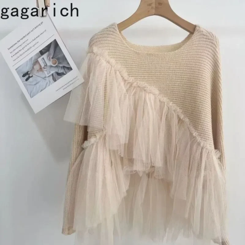 Gagarich Women Fashion New Patchwork Mesh Sweater Sweet Fairy Style Lazy Skinny Gir Versatile Knitwear Pullover Trend