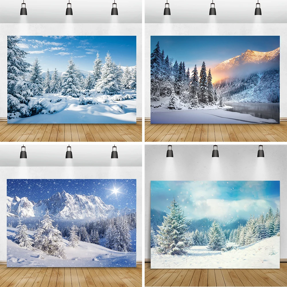Dreamy ฤดูหนาว Photophone ป่าต้นสนหิมะภูเขาภายในบ้าน Decro การถ่ายภาพฉากหลังภาพพื้นหลัง Photozone