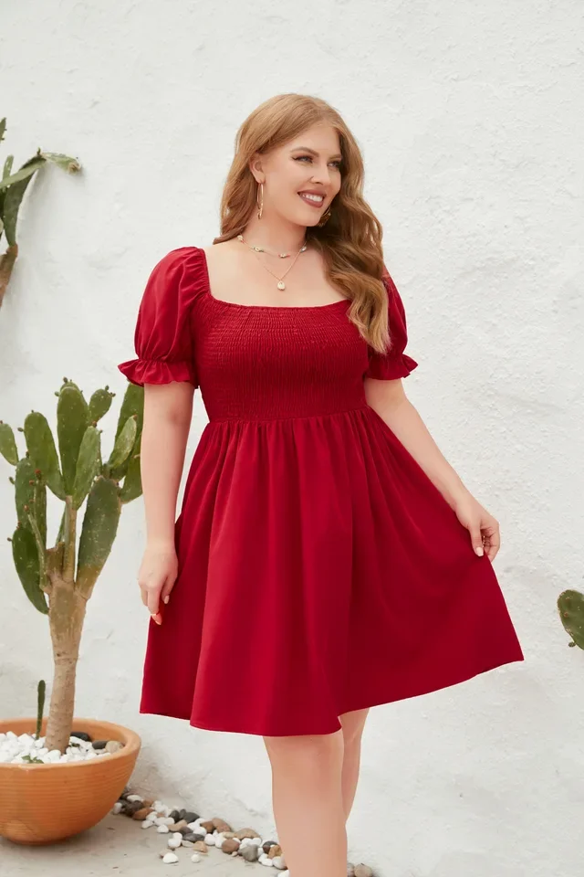 

Large Women's Clothing, Large Solid Color Leisure And Vacation Dress, Tourist Pleated Square Neck, Bubble Sleeves, A-line Dress