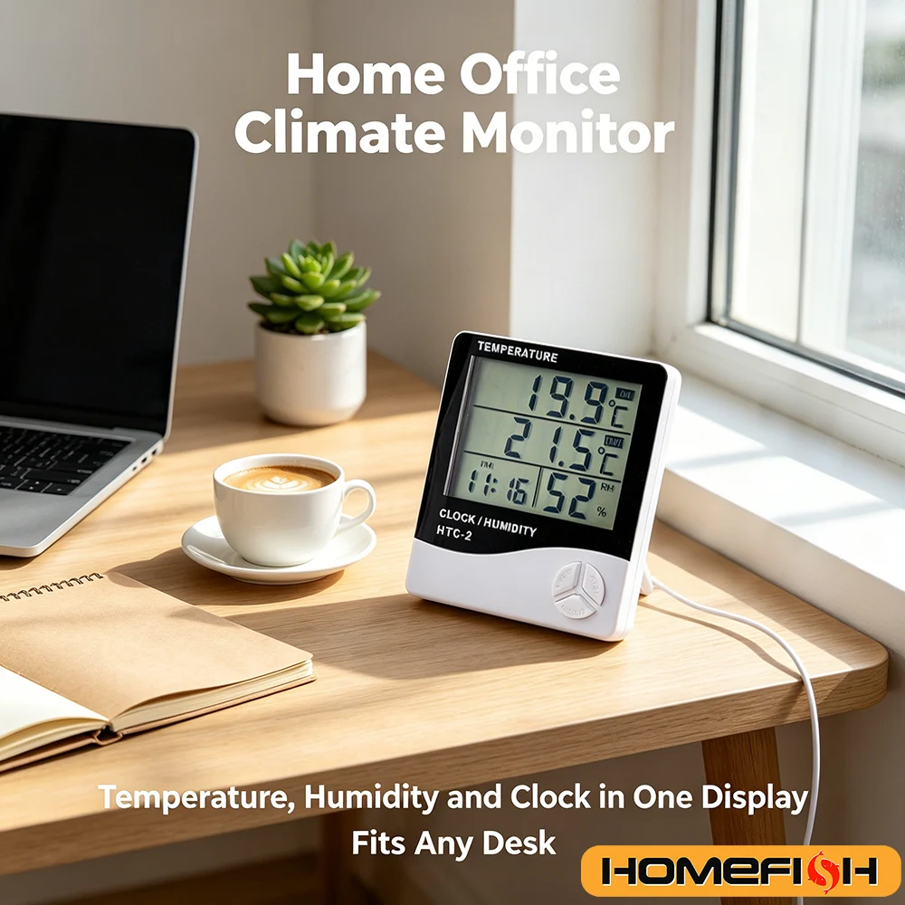 HTC-2 LCD Digital Temperature  Humidity Meter  Indoor Outdoor Thermometer Hygrometer Weather Station with Clock