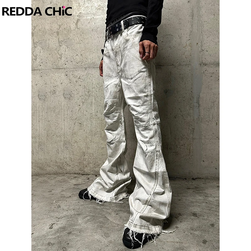 

ReddaChic Women Stitch Raw Edge Flare Jeans Retro Dusty White Pockets Do Old Slim Low Waist Bootcut Pants Trendy Y2k Streetwear