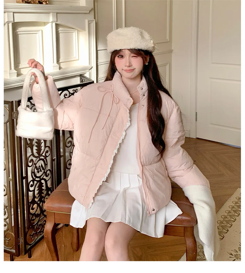 Sweet Pink Bow Stand Collar Puffer Jacket Women Korean Lace Spliced Thick Outerwear Students Winter Warm Cropped Cotton Jackets