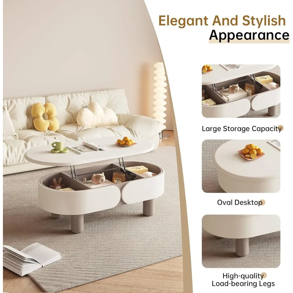 Mesa de centro elevatória creme para sala de estar, mesa de centro baixa sólida com espaço de armazenamento para quarto, mesa de chão creme