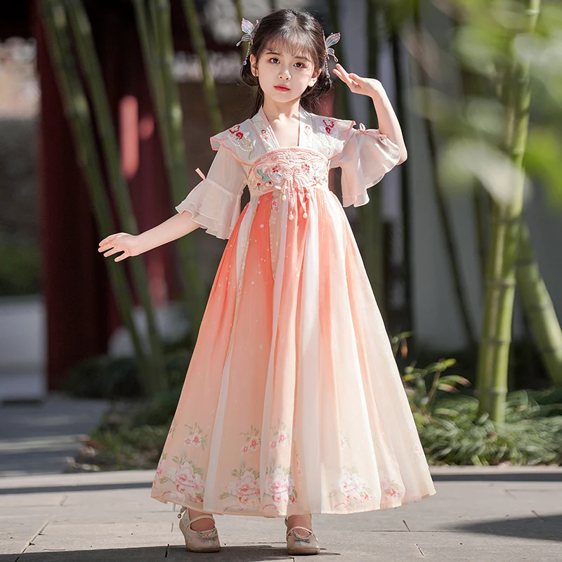 فستان شيفون صيني تقليدي صيفي من Hanfu للفتيات فستان Tang صيني بتنورة زهرة Hanfu