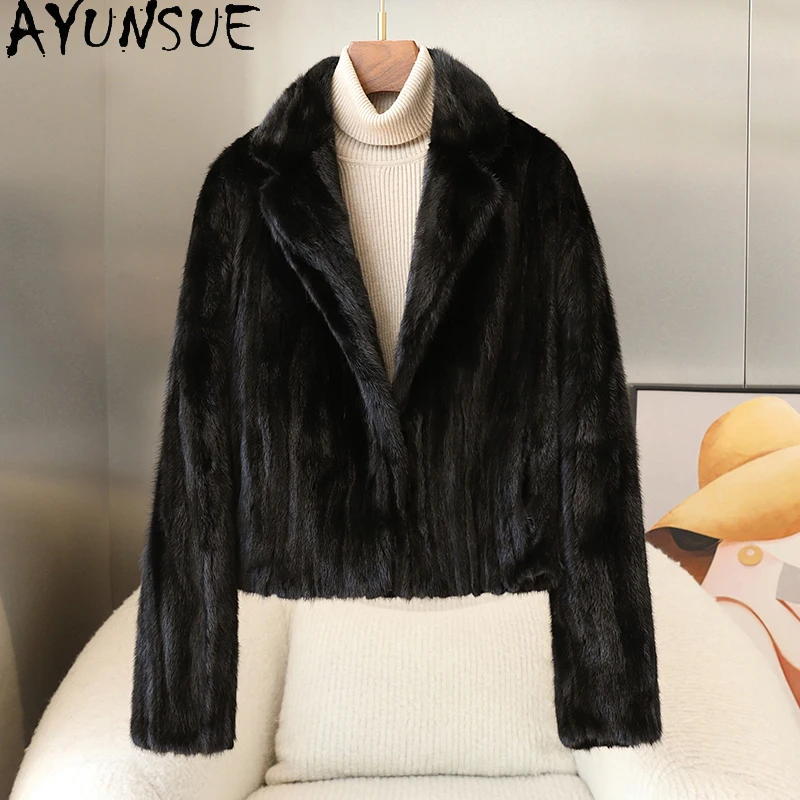 

AYUNSUE Natural Mink Fur Coat Short Black Fur Coat Winter Coats for Woman Office Wear High Quality Woman Clothes Шуба Женская