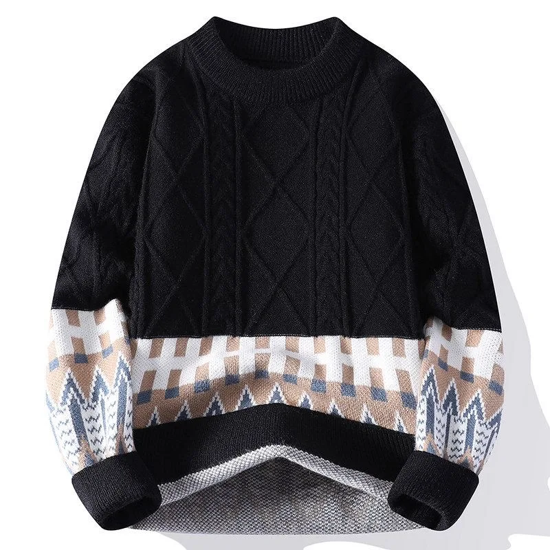 Autumn and winter new fashion trendy printed thickened warm crew neck knitwear men's casual loose sports plus size sweater