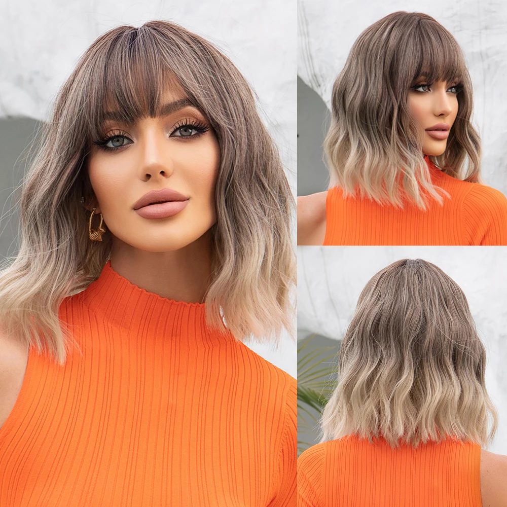 

Короткий волнистый синтетический парик от коричневого до светлого цвета с челкой Натуральные парики для женщин Ежедневные вечерние термостойкие искусственные волосы для использования на вечеринке