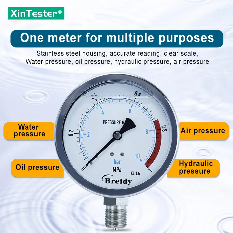 Xin Tester Water pressure gauge Stainless Steel G 1/4 G1/2 Oil Hydraulic air Vacuum Manometer 0-60mpa Diameter 100mm YN100