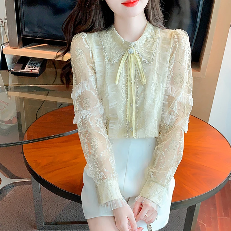 Pink Shirt Women 2023 Fall New French Puff Sleeves Luxury Heavy Industry Stand Collar Lace Embroidery Women Clothing