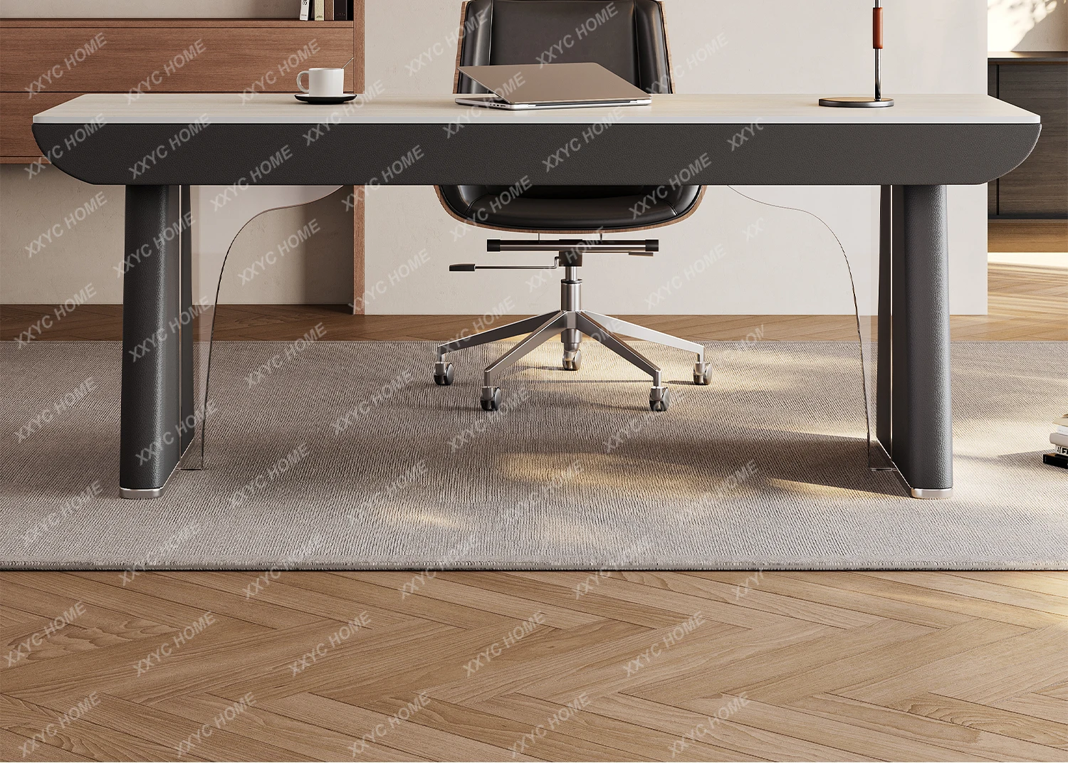 

Итальянский минималистичный стол, элитный длинный верстак из каменной плиты, черный горизонтальный стол в зале.