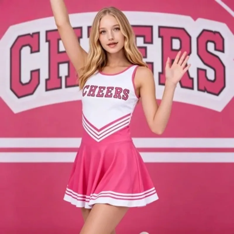 Student Cheerleading Four Piece Outfit with Bow Cheers Print Stage Performance Costume