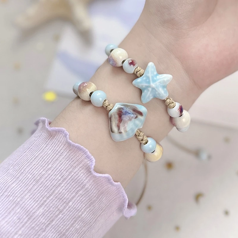 Handmade Adjustable Beaded Bracelets for Women Boho Colorful Glaze Starfish Shell Ceramic Beads Bracelet Party Jewelry Gift