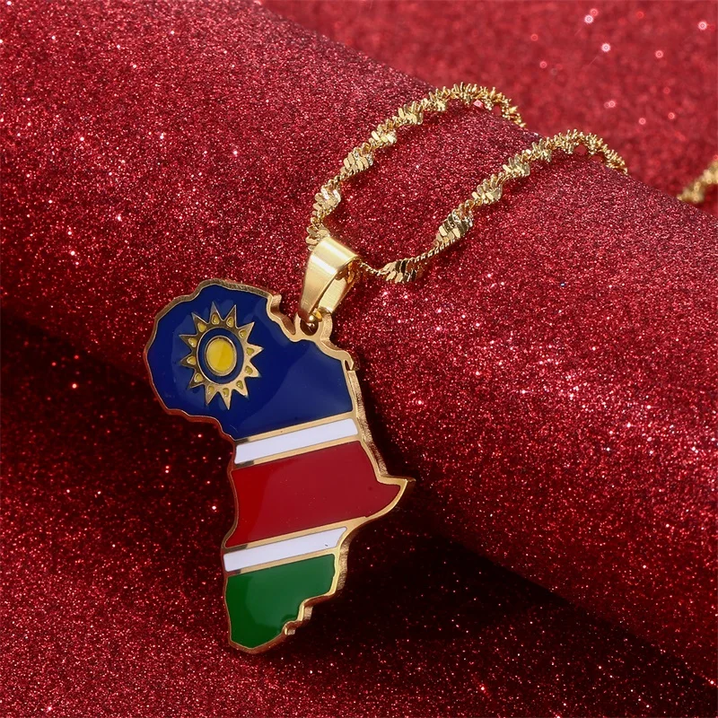 Afrika Namibia Flagge Anhänger Halskette Gold Farbe Edelstahl Afrikanische Karte Schmuck Geschenk