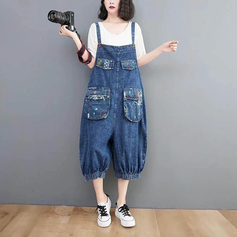 Denim Jumpsuits Women Vintage Korean Style One Piece Outfit Casual Cropped Rompers Printed Lantern Jeans Summer Women Clothing