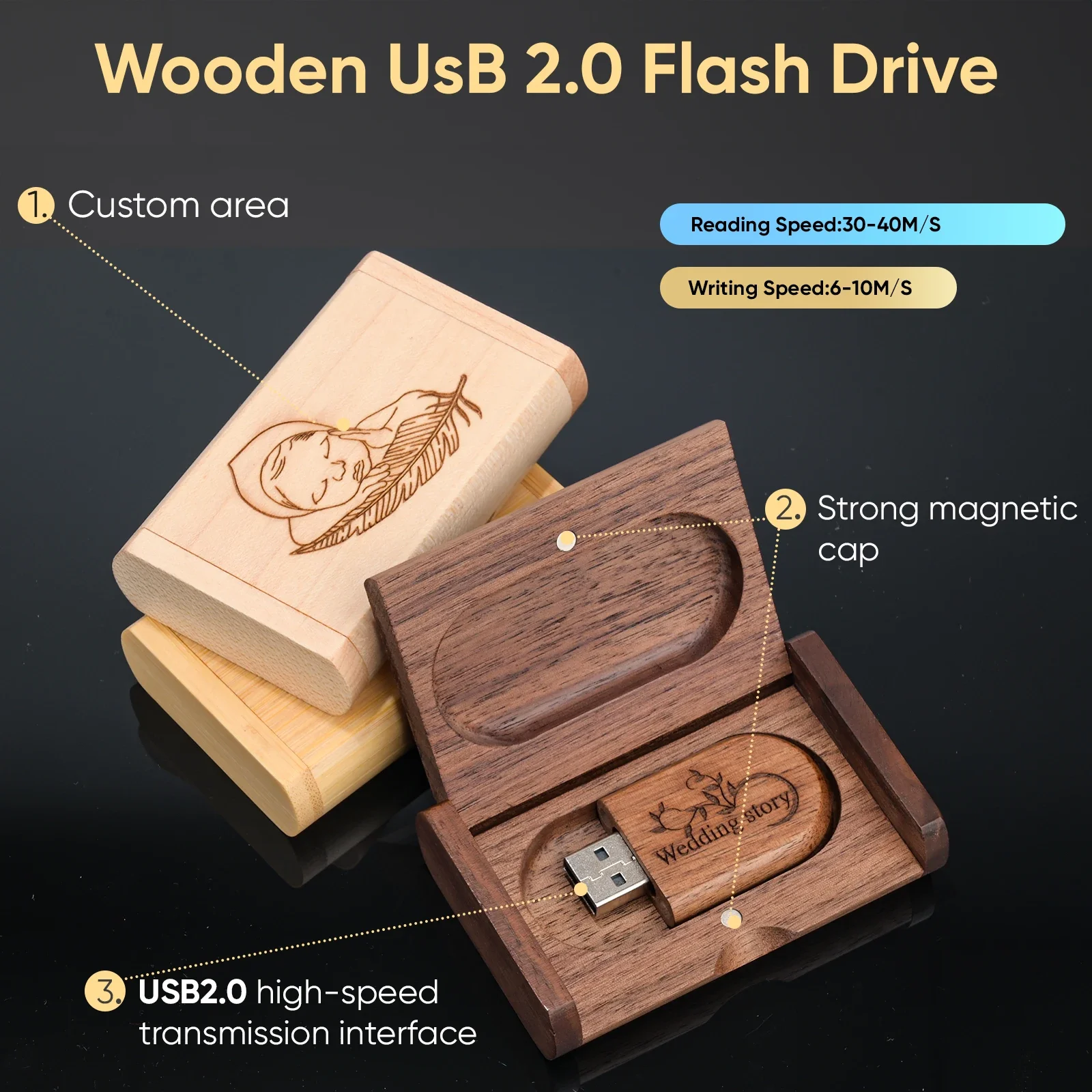 20 Pcs/Lot Wedding Custom USB Flash Drives Free Custom Logo Real Capacity Pen Drive Carbonized Bamboo Memory Stick 64GB U Disk