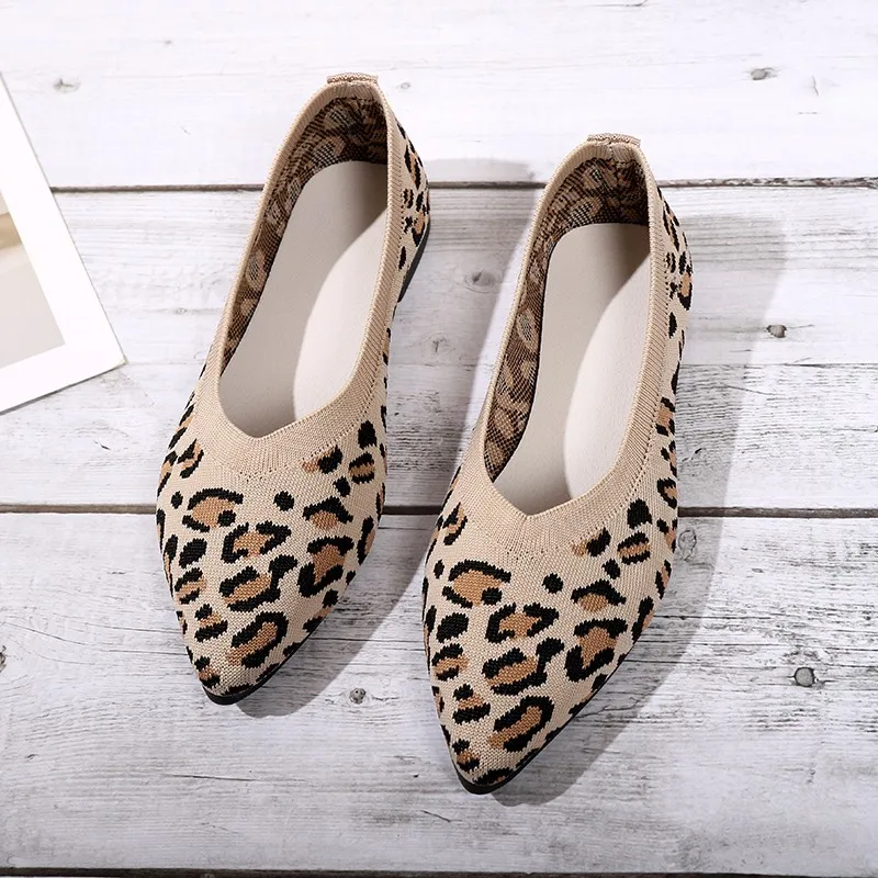 Elegant Houndstooth Knitted Ballet Flats Woman Point Toe Mesh Moccasins Ladies Big Size Leopard Loafers Soft Driving Shoes