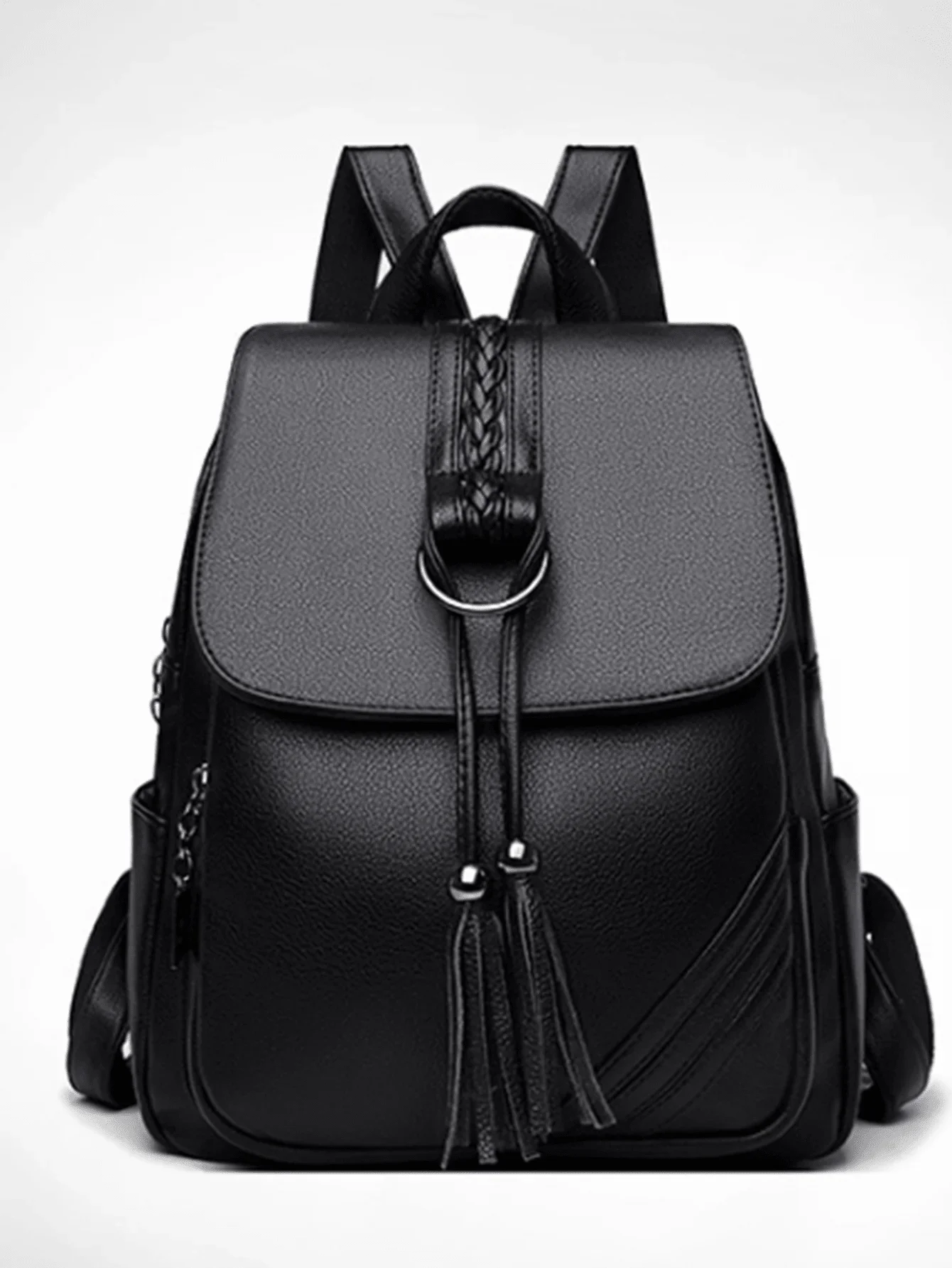 

Elegant Faux Leather Womens Backpack With Tassel And Braided Detail