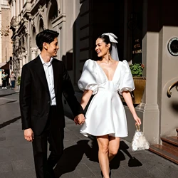 Puff Sleeve Deep V Satin Mini Wedding Dress A Line Bridal Gown Bow Veil Civil Elopement Bride Reception Custom Fit Ceremony Wear