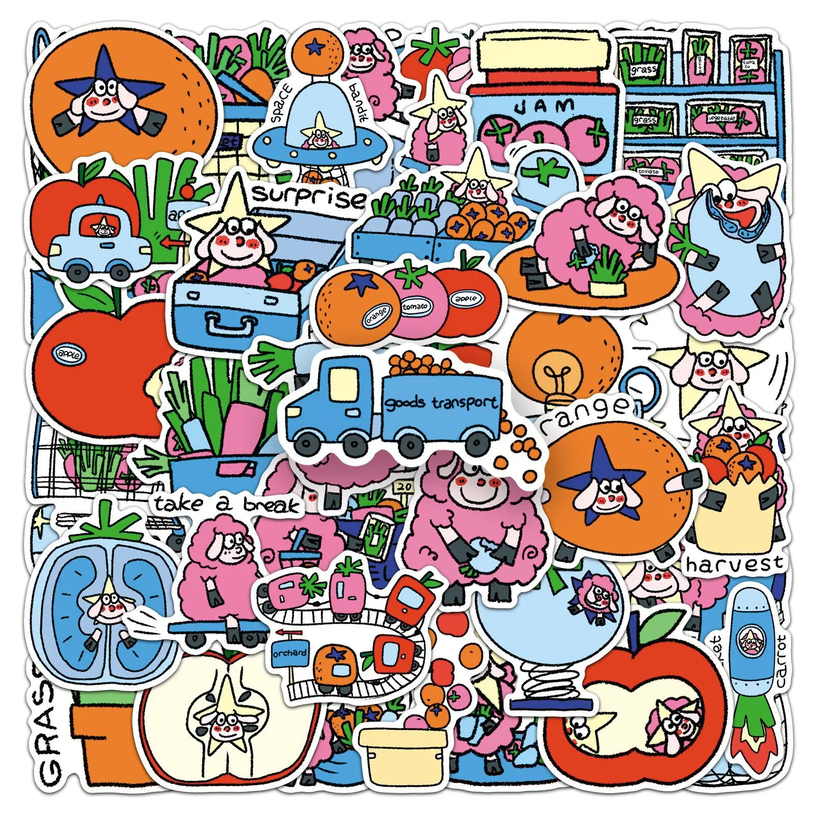 50PCS Cute Pink Sheep Cartoon Stickers Hand Drawn Fruit Vegetable Decals Waterproof For Scrapbook Laptop Water Bottle Luggage