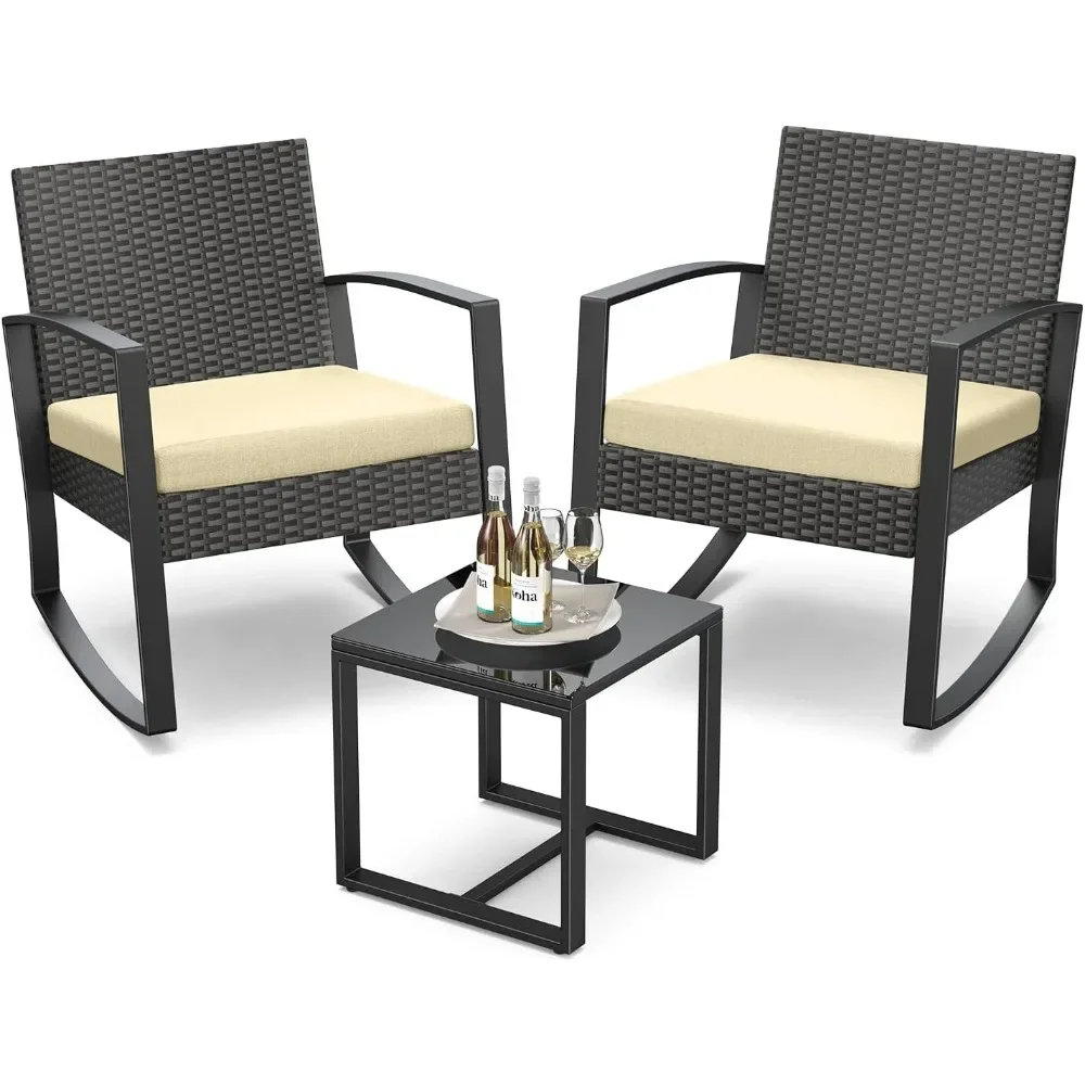 

3 Pieces Porch Furniture Set Patio Rocking Bistro Set Outdoor Patio Chairs Rattan Conversation Sets with Coffee Table
