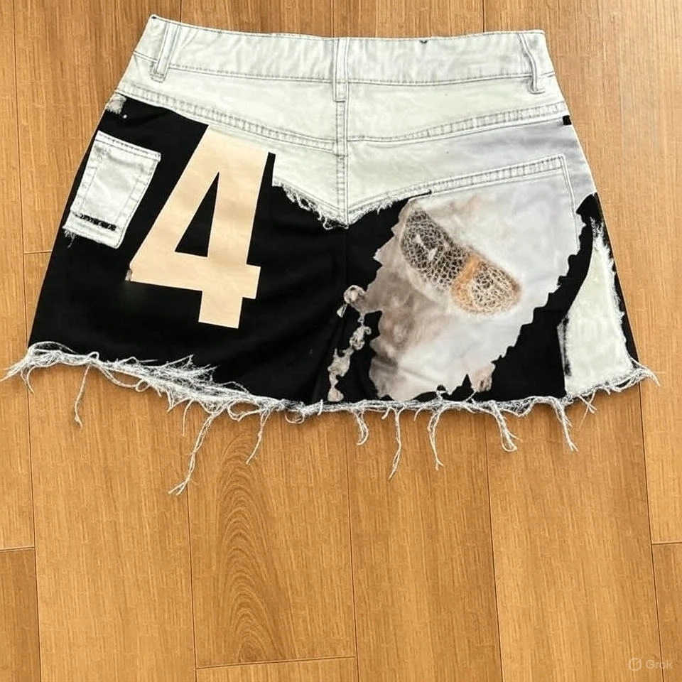 กระโปรงยีนส์สั้นสีฟ้าอ่อนสำหรับผู้หญิง สไตล์สตรีท ดีไซน์ขาดๆ แต่งลายกราฟิกตัวเลข 4 สุดยูนีค แฟชั่นลำลองสุดเทรนดี้สำหรับฤดูร้อน