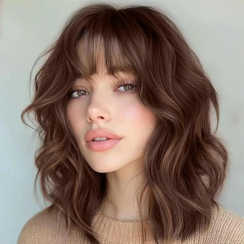 Brown Wigs With Bangs Short Wavy Human Hair Wig Bob Brown with Highlight Curly
