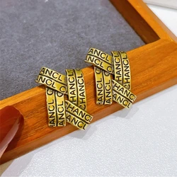 Vintage Design Metal Geometry Weave Rhomboid Bronze Color Letter Stud Earrings Unique Fashion Jewelry for Women Girl Gifts