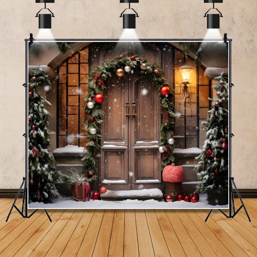 Merry Christmas Backdrop Photography Winter Wood Window Door Xmas Tree Background Party Decor Family Portrait Photobooth Props