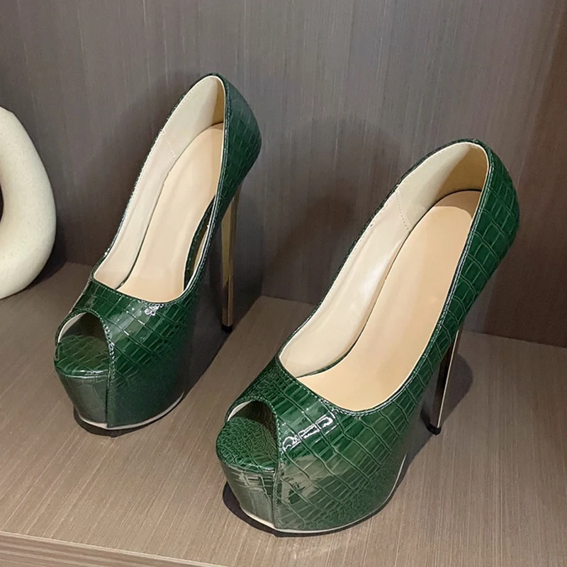 Liyke Runway Sexy Extreme High Heels For Women Platform Pumps Cozy Green Snake Print Leather Peep Toe Stripper Pole Dance Shoes