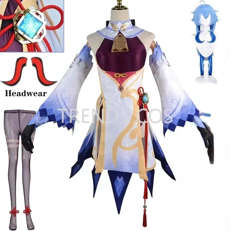 

Jacquard Fabric Ganyu Cosplay Costume Gan Yu Outfits Headwear Jumpsuit Stockings Wig for Cosplay Anime Ganyu Full Set