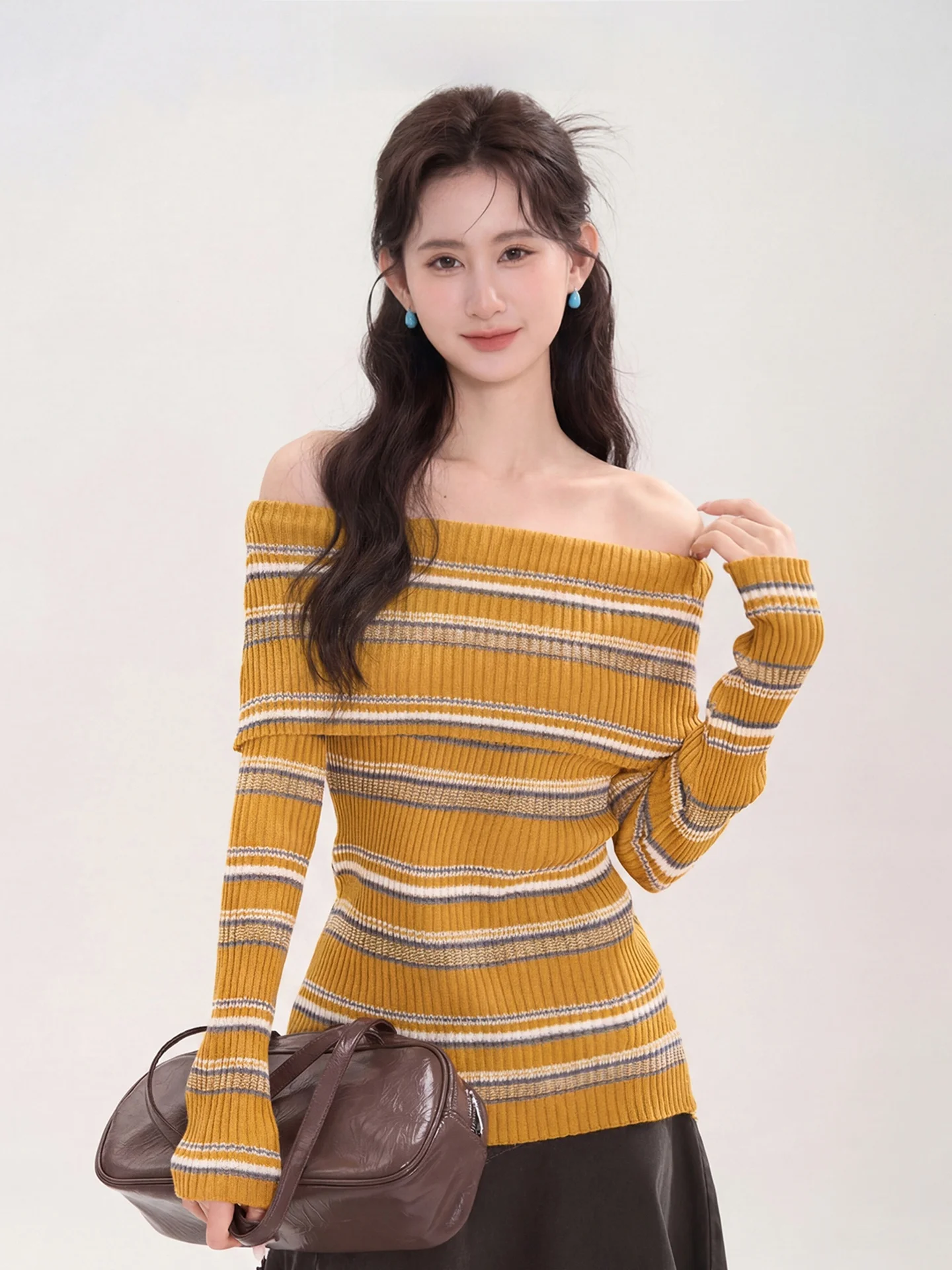 

Женский вязаный топ Heme Lemon Salt с цветными блоками и полосками, на одно плечо, с длинным рукавом, весенняя мода, простой стиль, облегающий крой