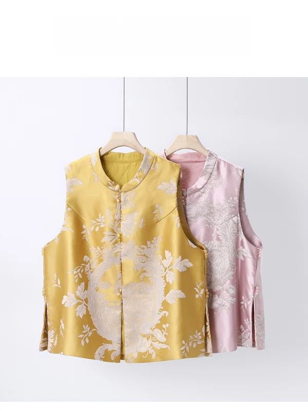 

plus Size Women's Silk Blend Faux Fur Vest Jaet New Chinese Sle Embroidered Cotton Lined Outerwear Comfortable Warmth