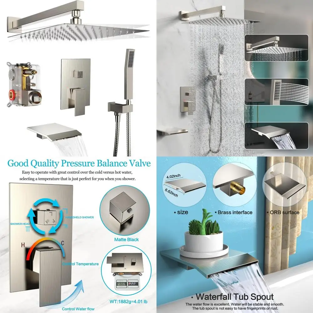 Waterfall Wall Mounted Rain Shower System with Handheld Spray and Tub Spout, 10 Inch Bathroom Shower Faucet Set