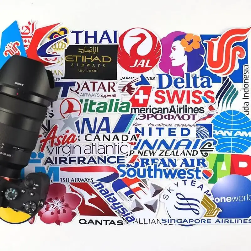 50 Pcs Airline Logo Stickers Travel Decals Luggage Sticker Glossy Waterproof Pegatinas for Mobile Laptop Luggage Decorate