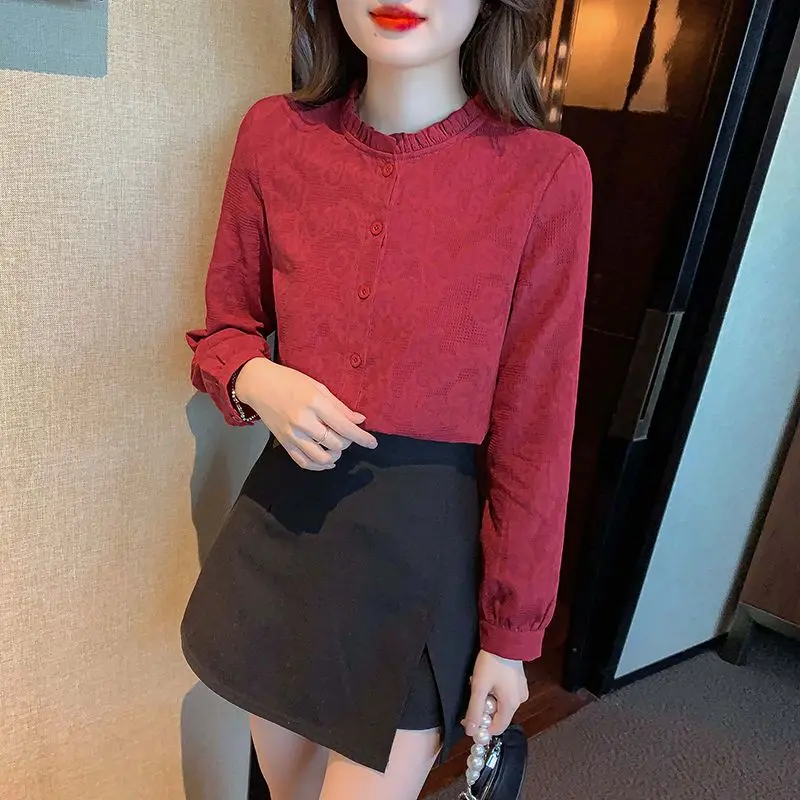Spring Autumn New Fashion Solid Color Shirts Women's Clothing Stand Collar Long Sleeve Edible Tree Fungus Buttons Korean Tops