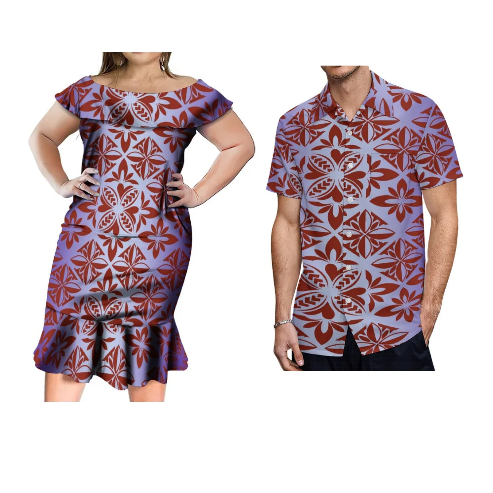 

Women's Regular Short-Sleeved One-Line Collar Slim-Fit Dress Polynesian National Print Custom Designed Men's Shirt Couple