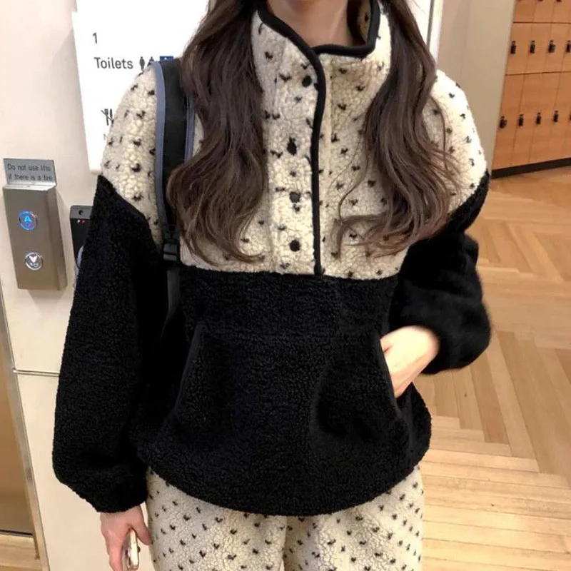 

Sweet Print Sweatshirts Women Autumn Winter Button Patchwork Preppy Pullovers Stand Collar Thick Warm Loose Casual Pocket Tops