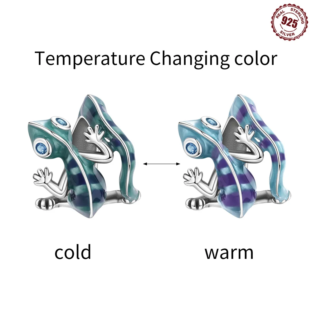 S925 Sterling Silver Temperature Color Changing Chameleon Charm Gecko Lizard Bead CZ Eyes Fit Bracelets for Women DIY Jewelry