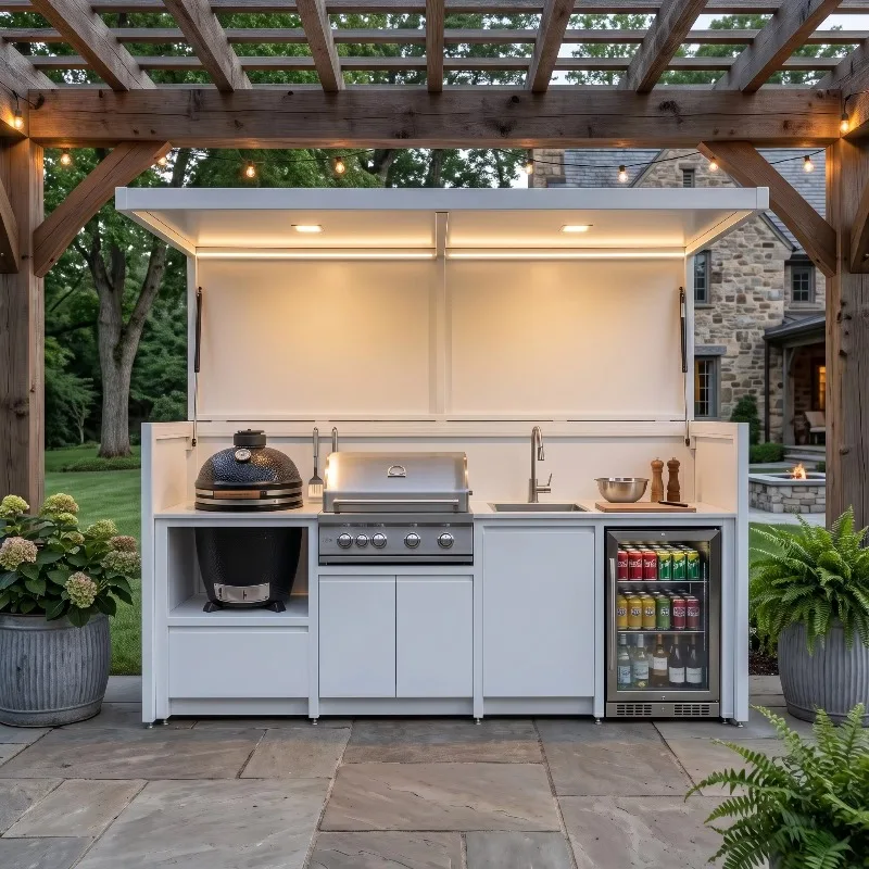 Customized Bifold Doors Stainless Steel Outdoor Kitchen With Closable Shed Anti Insect For Courtyard Outdoor Kitchen BBQ Pod