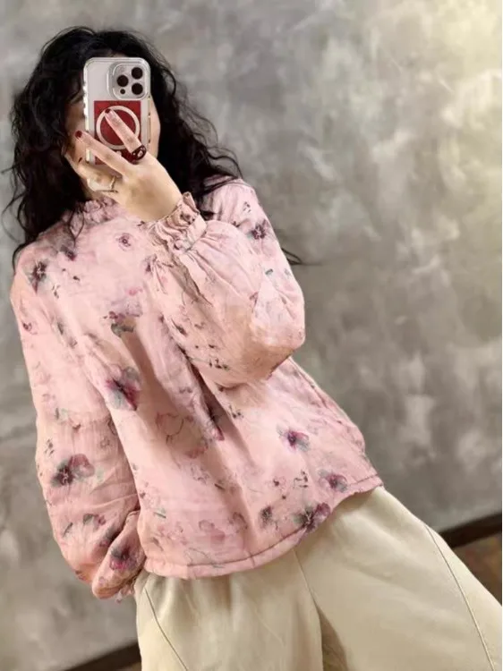 

Romantic Sweet Fre Lace Collar Double Layer Thin Cotton Early Autumn irt Age Reduction Loose Fit Long Sve Printed Wome...