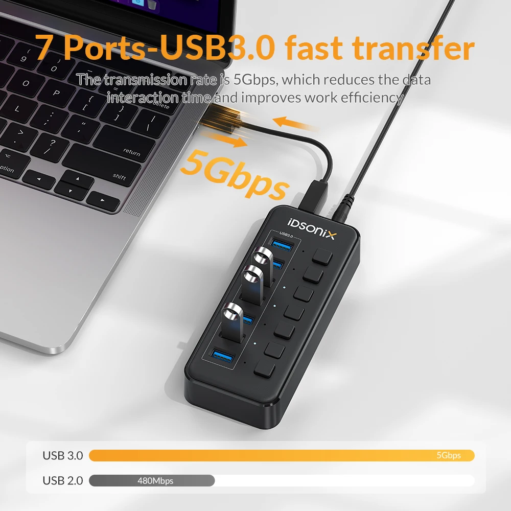 iDsonix 5Gbps High Speed USB 3.0 HUB 7/10/16 Multiple Ports USB3.0 Hub Powered Usb Splitter with Power Adapter Faster Charging