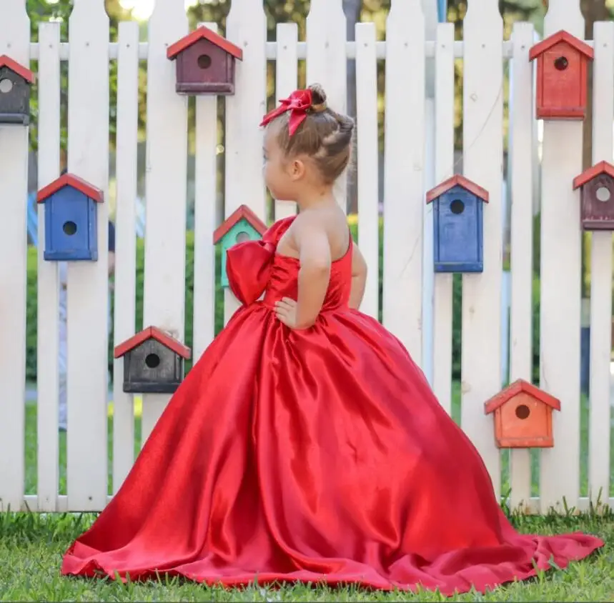 Robes de demoiselle d'honneur en satin rouge pour mariages, robe de petite princesse pour enfants, robe de fête d'anniversaire mignonne avec grand nœud, première communion