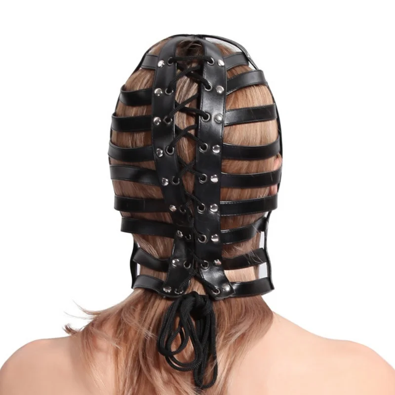 Disfraces góticos de esclavo para hombres y mujeres, casco de cuero ajustable, jaula de tiras Kinky, capucha de Bondage, fetiche, Cosplay, máscara de cabeza de Halloween