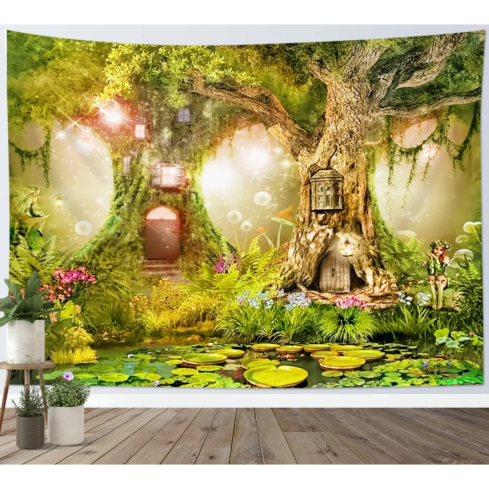 Fairy Tale Forest Tapestry Water Lily Pond Magic Trees Houses Wall Hanging Tapestries for Kids Bedroom Living Room Dorm Decor