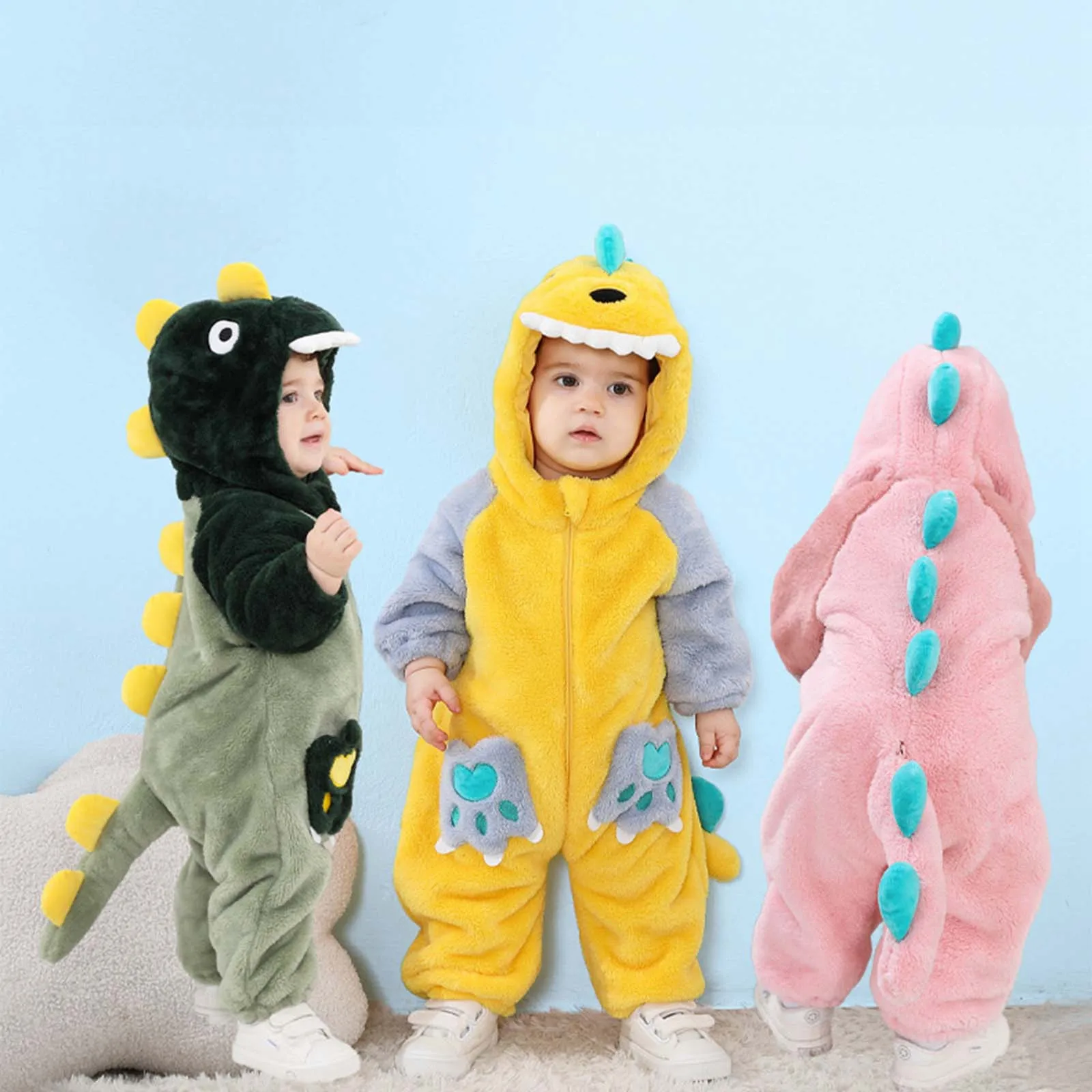 Lovely Dinosaur Newborn Baby Girl Clothes Bodysuit Plush Soft Warm Toddler Jumpsuit Halloween Kid Infant Pajamas Overalls Zipper