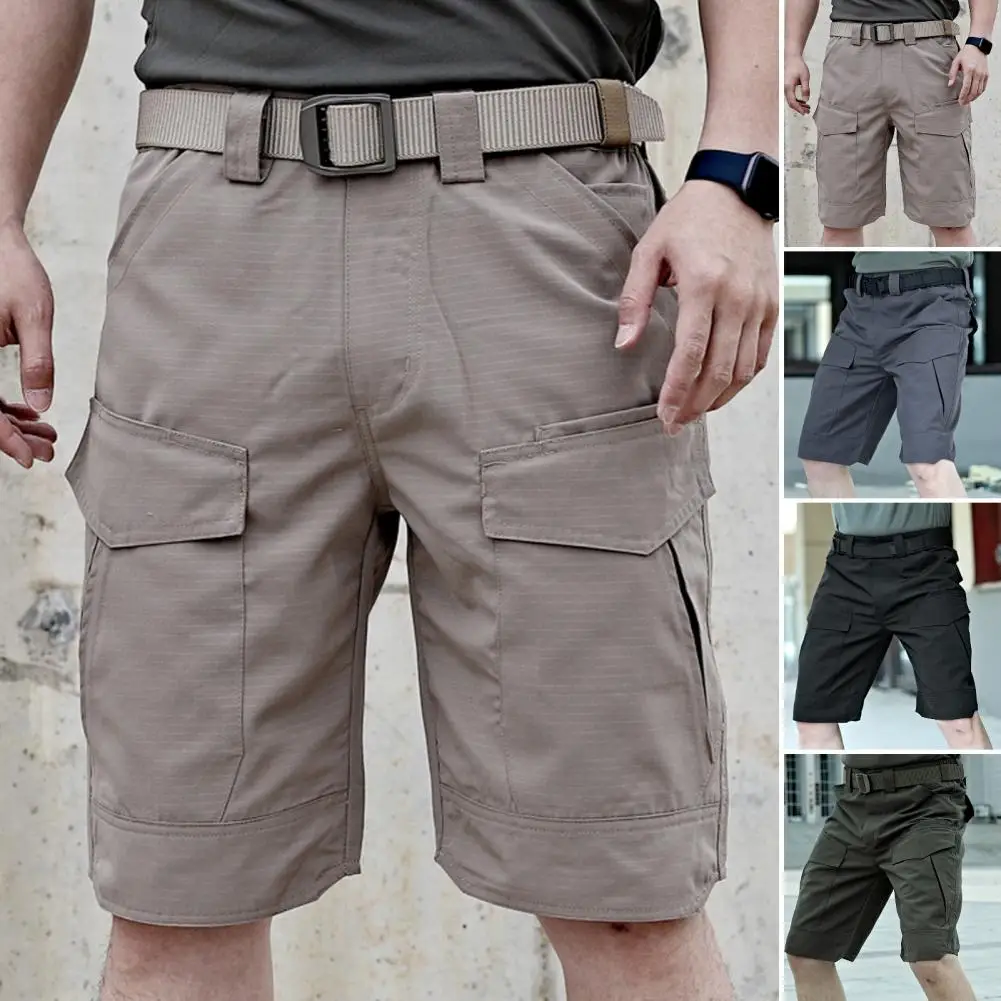 Solid Color Casual Shorts Men\'s Summer Cargo Shorts with Elastic Waist Multiple Pockets Wear-resistant Fabric for Outdoor