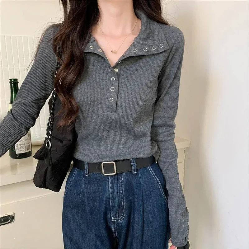 

SMVP Button Up Knitted Sweater Women 2025 Summer New Long Sleeve Slim Fit Y2K Knitwear Female All Match Bottoming Knit Pullover