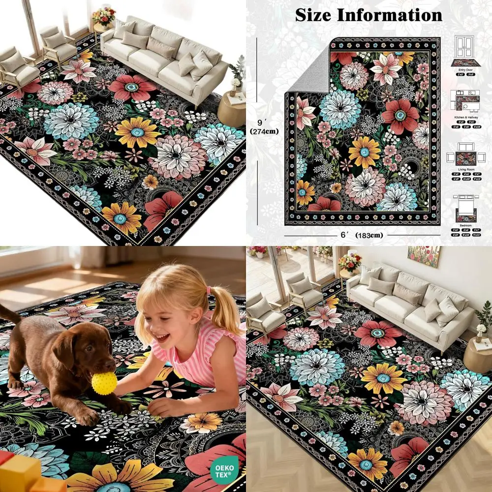 

6x9 Washable Bohemian Floral Area Rug, Non-Slip, Soft Low Pile, Faux Wool, Suitable for Living Room, Bedroom, Dining Room