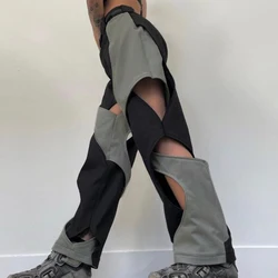 Calça larga feminina de baixo crescimento, streetwear casual, moletom chique, contraste, oca fora, moda coreana, Y2k Techwear