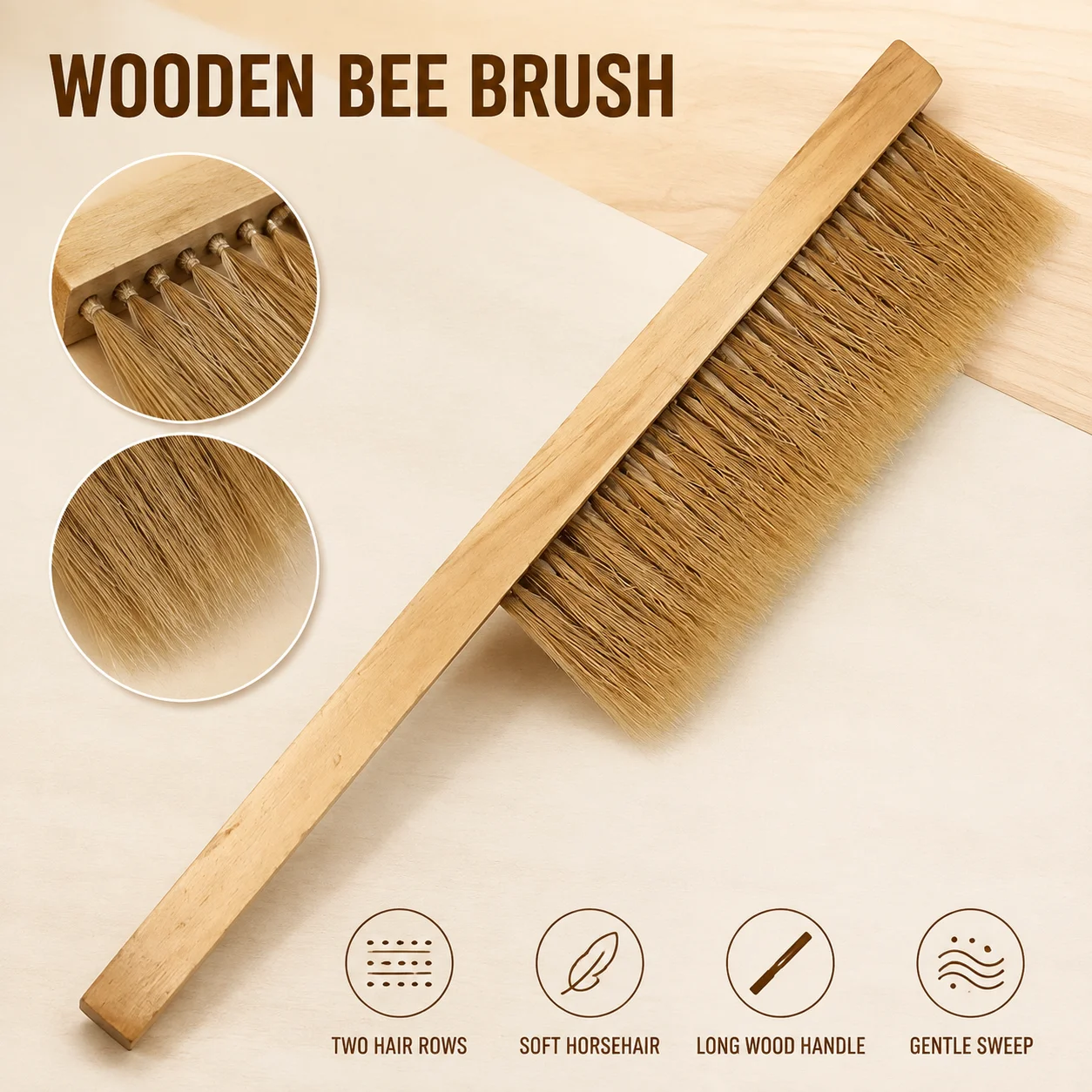 Wood Honey Brush Beekeep Tools Wasp Bee Sweep Two Rows of Horse Tail Hair Bee Brush Beekeeping Equipment